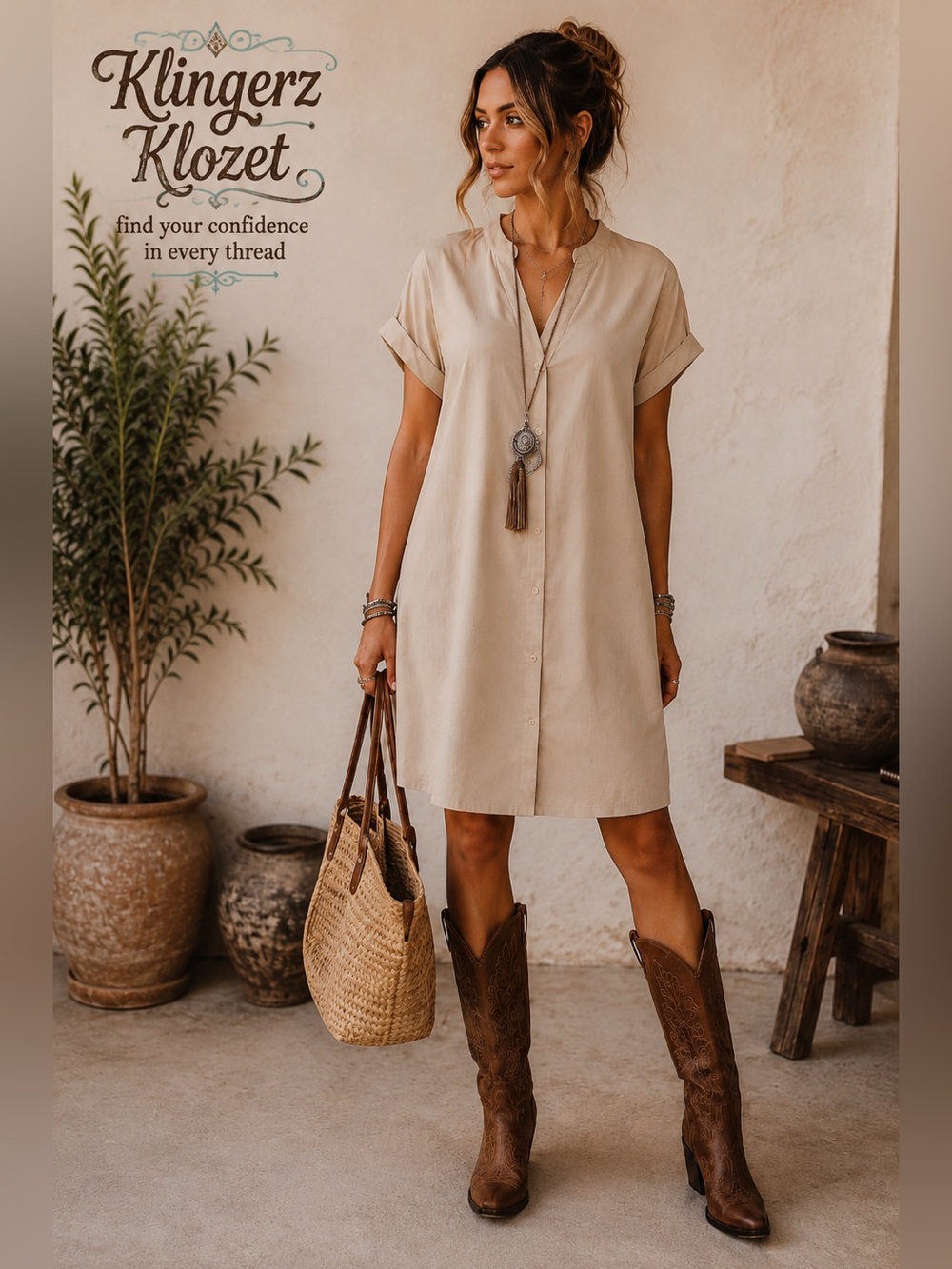 Boho Beige Button Front Shirt Dress | Neutral Cottagecore Western | Size Large